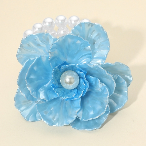 Blue Pearl Flower 4.25 Inch Stretch Bracelet Statement Jewelry - Picture 1 of 4